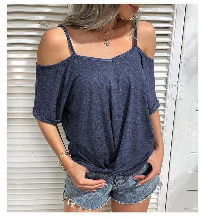 Color Cotton Off Shoulder Short Sleeve Top T-Shirt