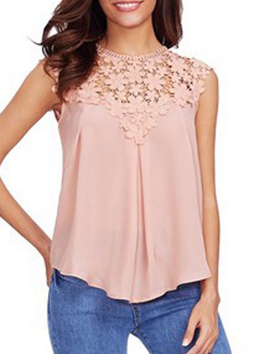 Round Neck Decorative Lace See-Through Tops