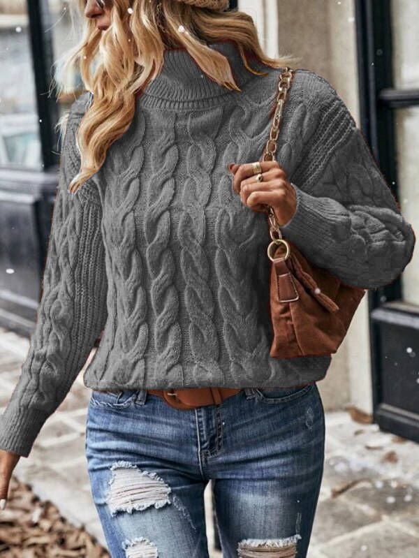 Cable Knit Turtleneck Drop Shoulder Sweater