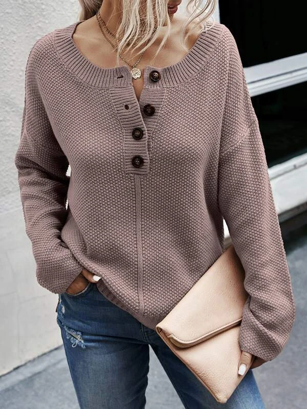 Half Button Drop Shoulder Sweater