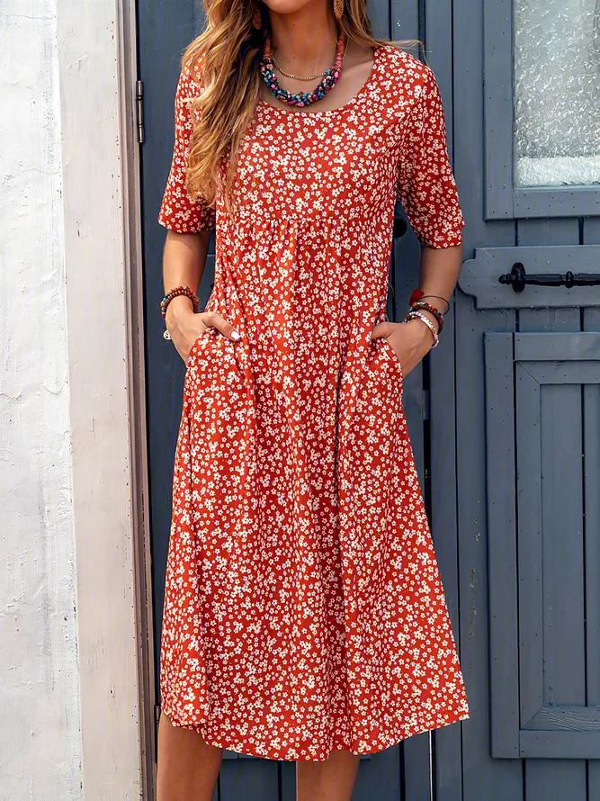Floral Printed Crew Neck Pockets Short Sleeve Casual Midi Shirt Dress