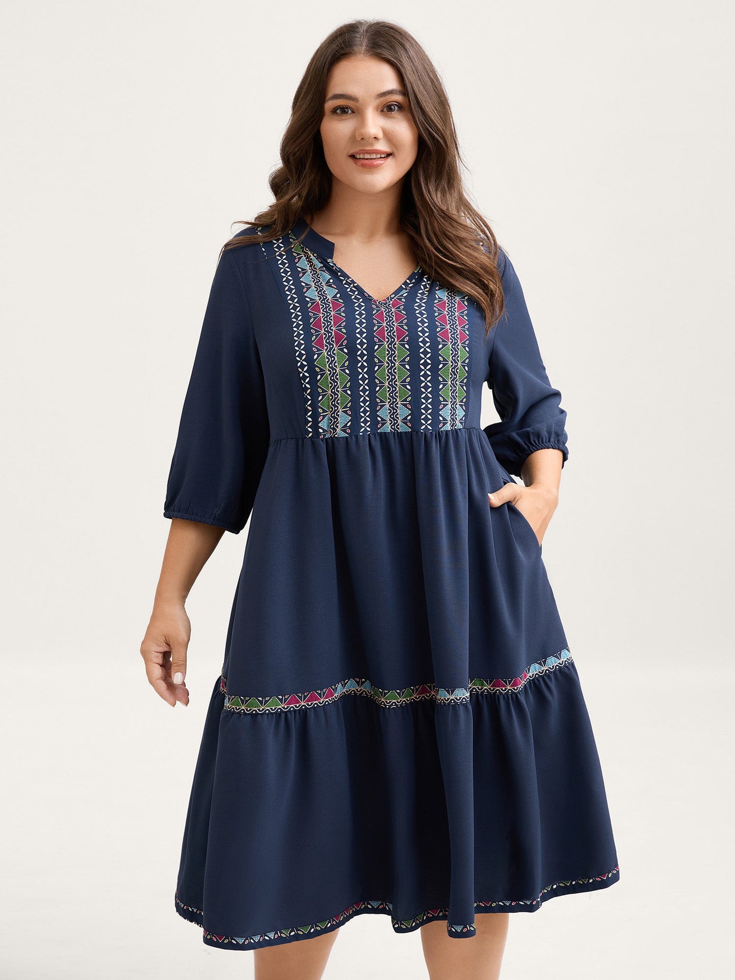 Geometric Colorful Trim Flowy Midi Dress