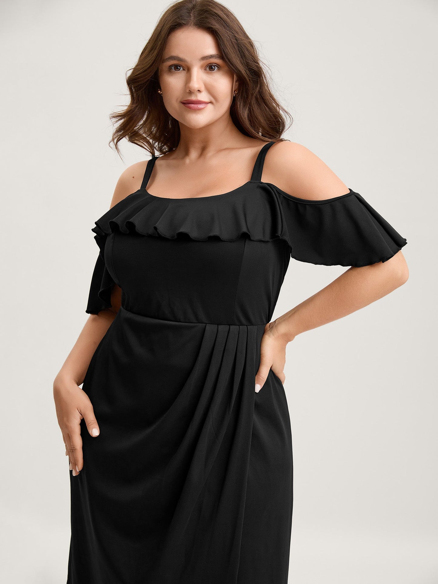 Pleated Ruffled Off-Shoulder Midi Dress