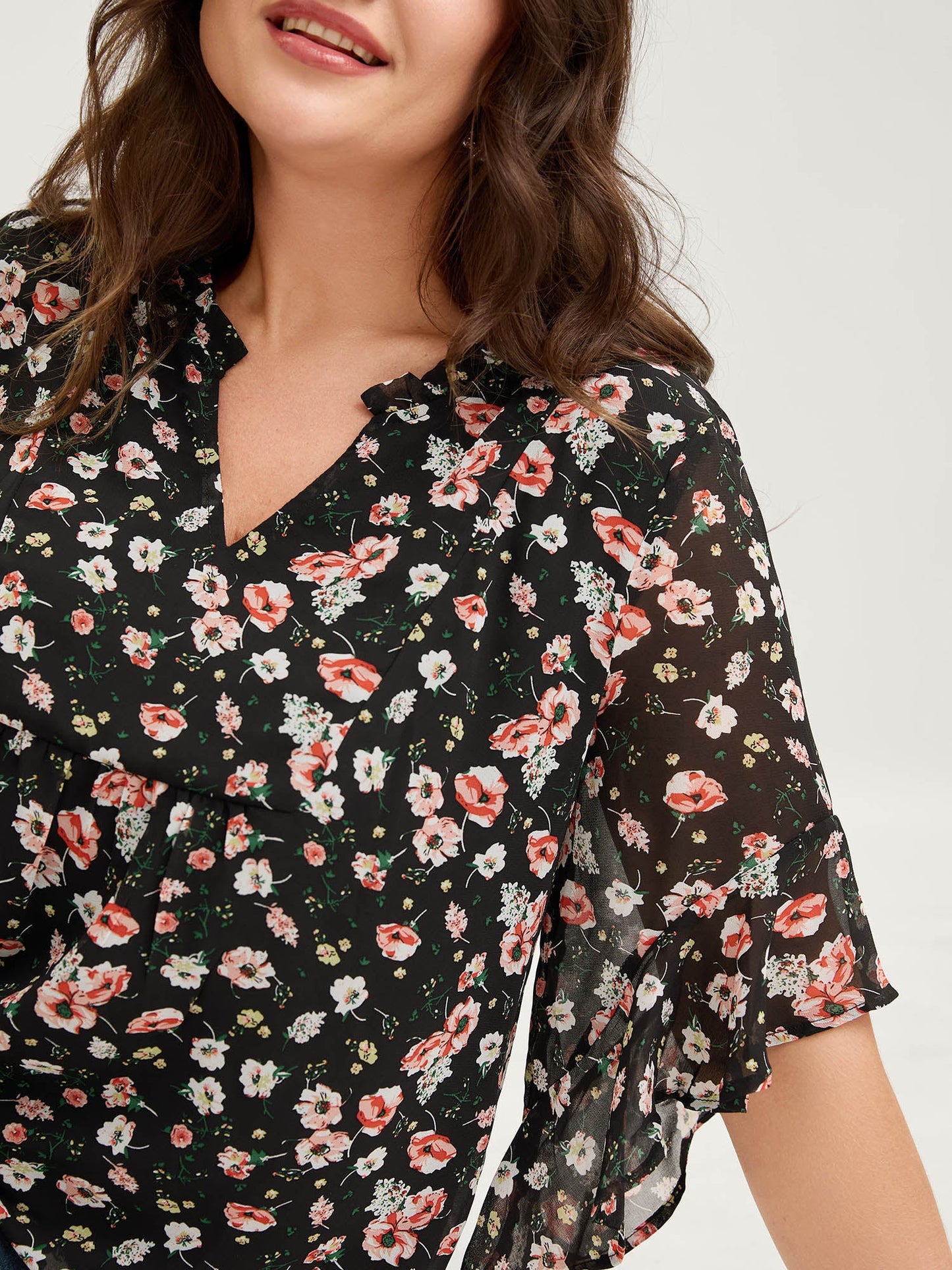Chiffon Floral Ruffled Sleeve Blouse