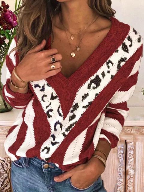 Leopard Patchwork V-neck Knitted Sweater