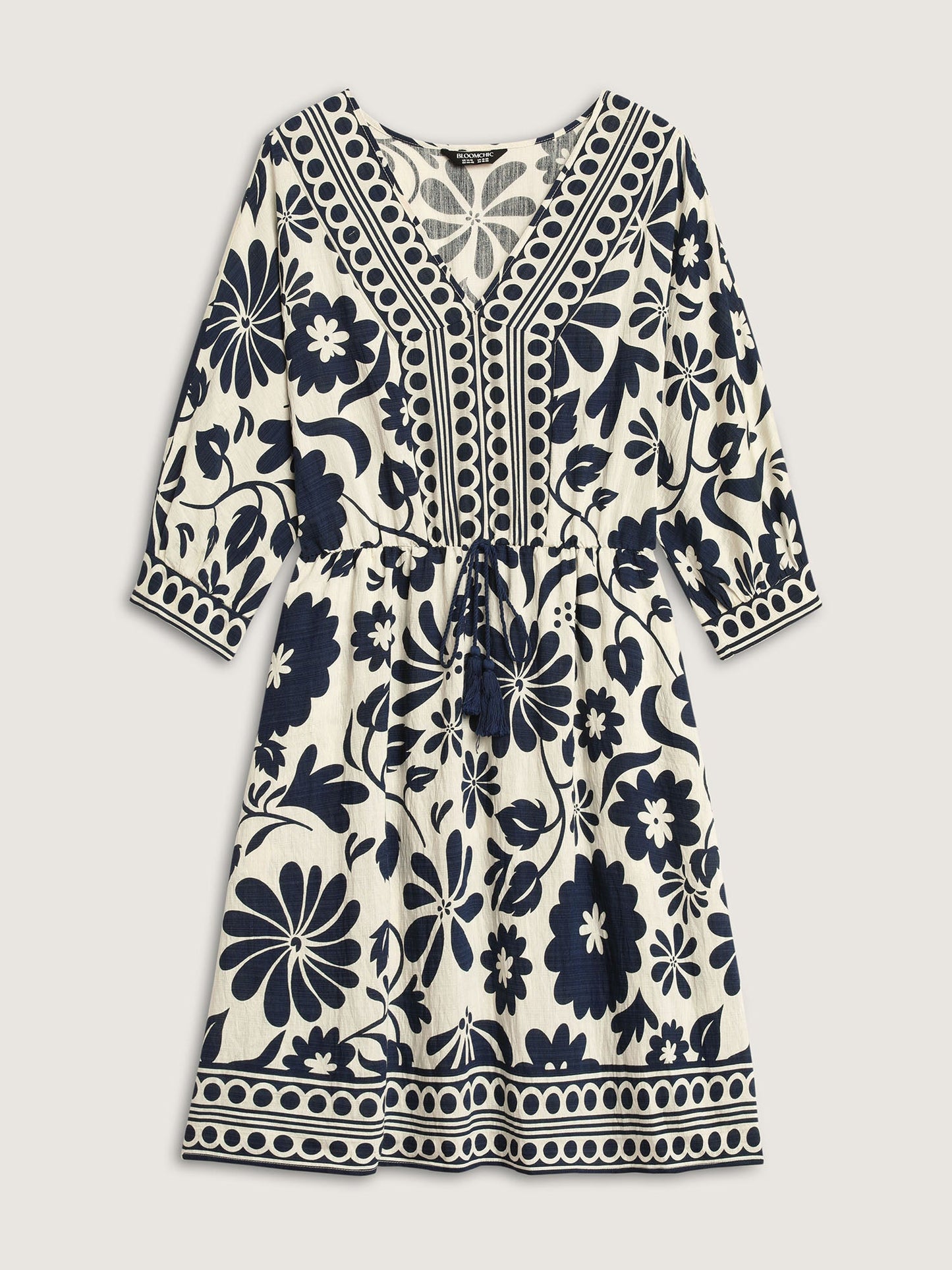 Floral Waist-Drawstring Tassel Midi Dress