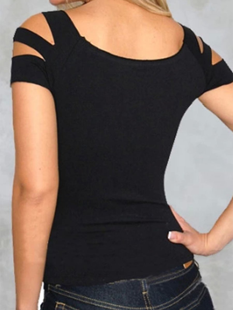 Open Shoulder Round Neck Hollow Out Plain Tops