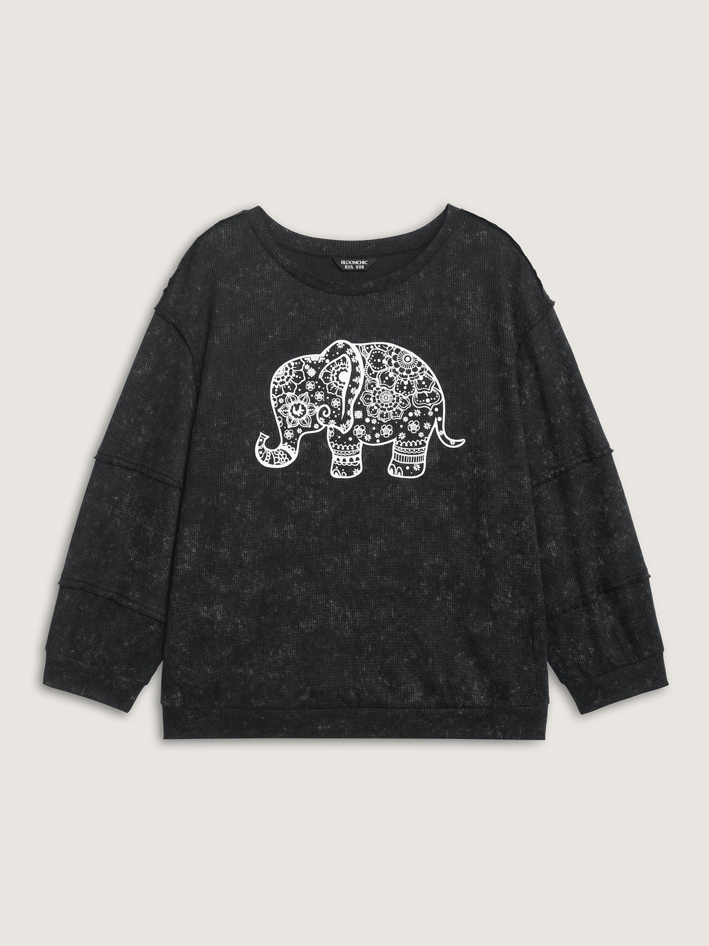 Vintage Elephant Motif Waffle Woven Sweatshirt