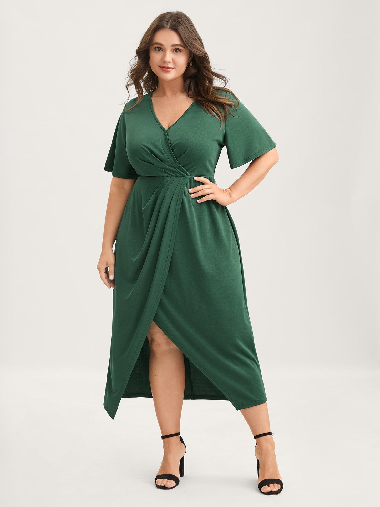 Wrap Gathered Solid Surplice Midi Dress