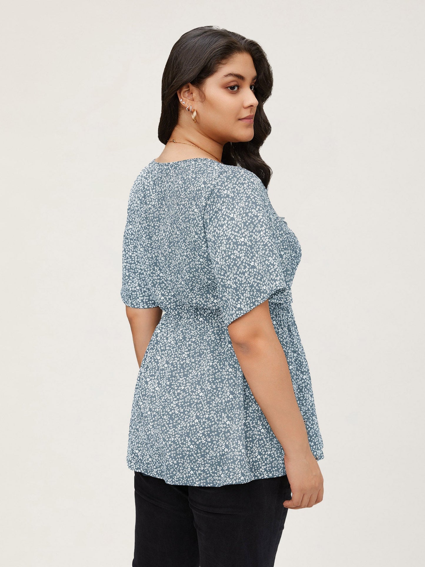Ditsy Floral Shirred Ruffle Sleeve Elastic Waist Blouse