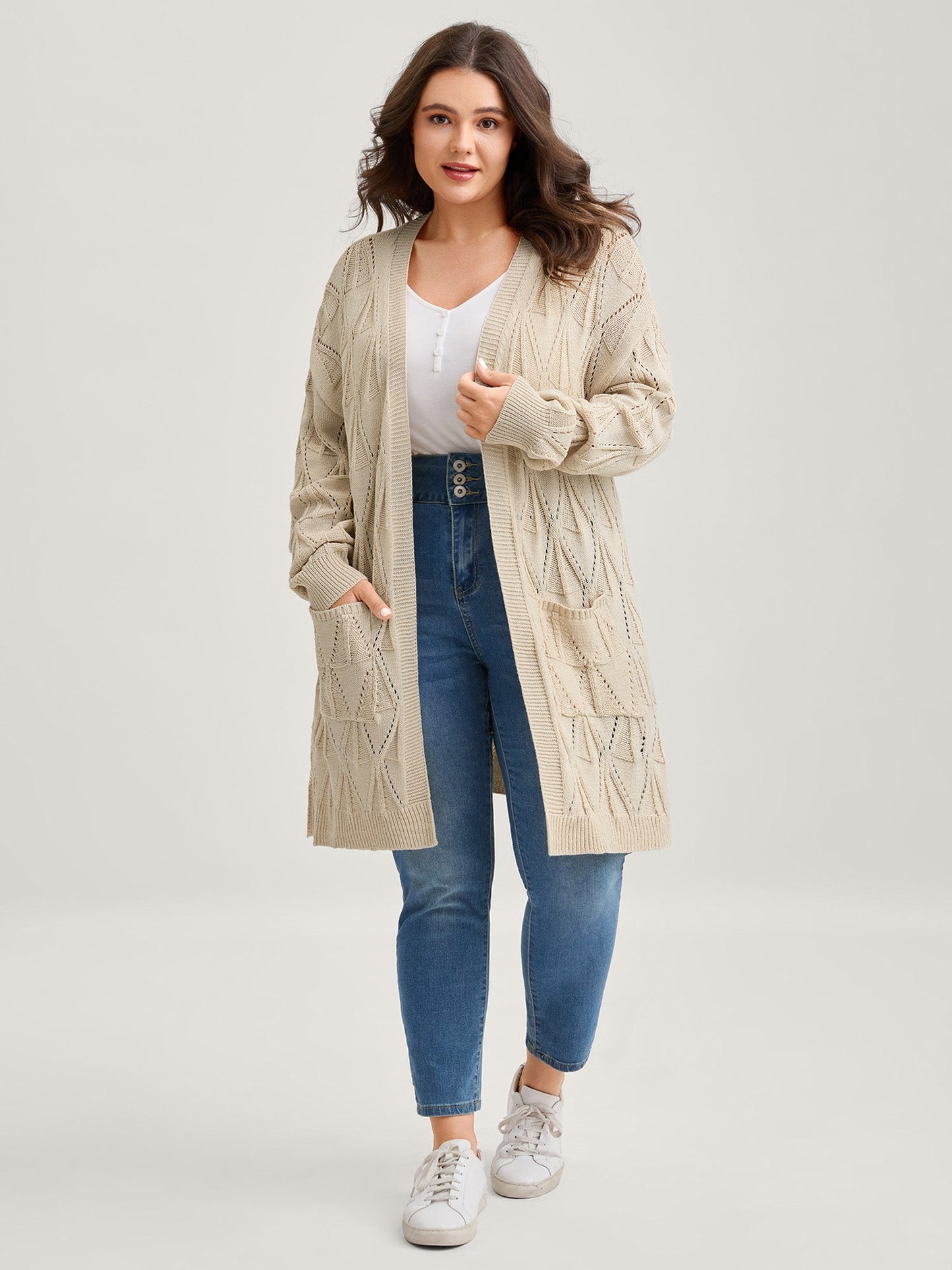 Textured Cut-Out Slit Pockets Knit Cardigan