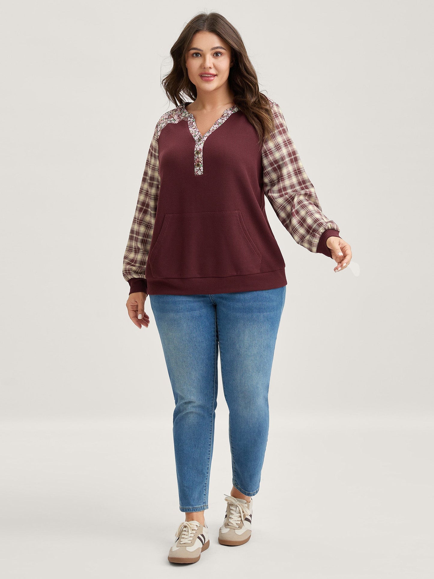 Mixed Print Textured Split Neck Sweatshirt
