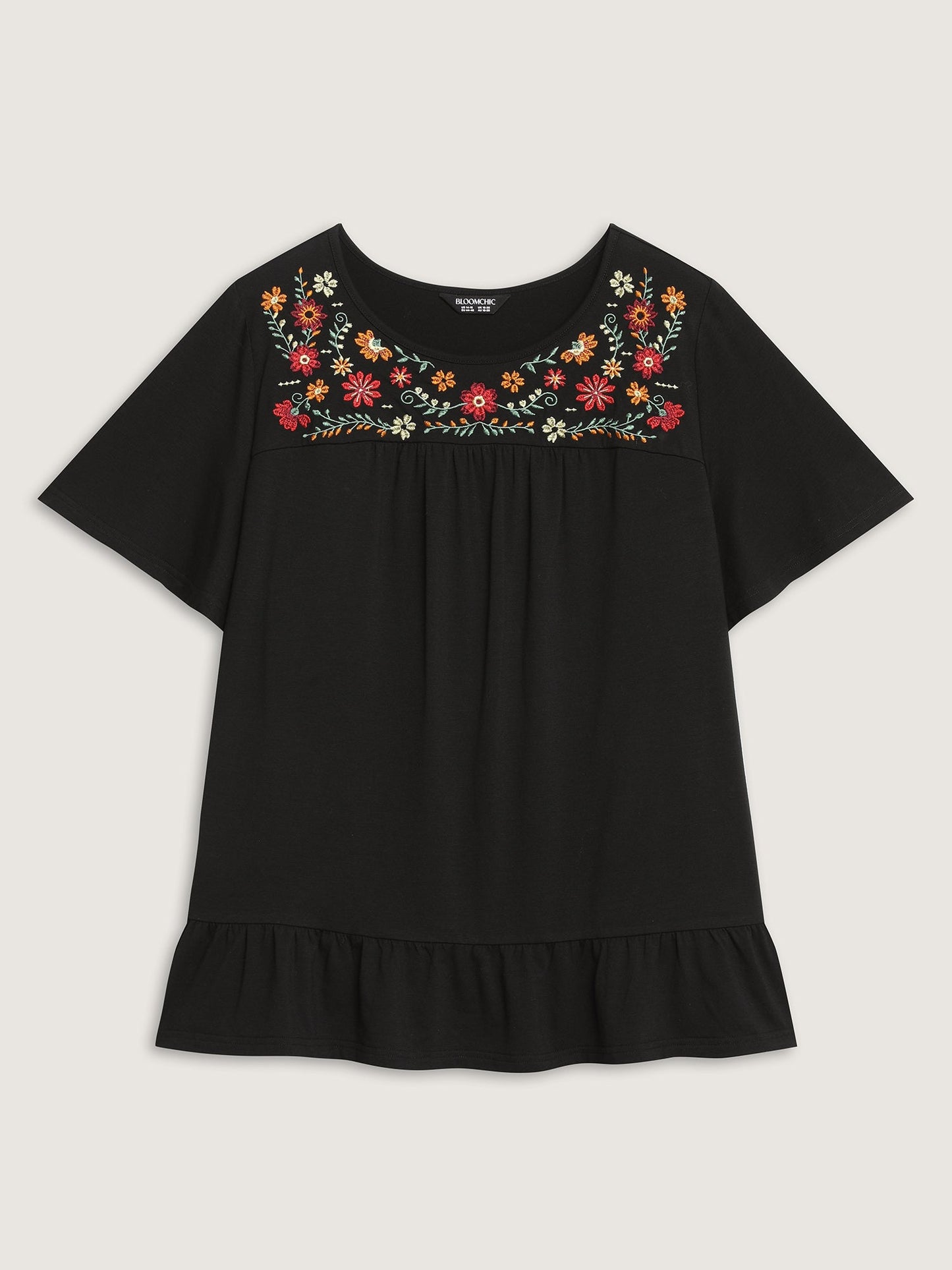 Stretchy Floral Embroidery Ruffled Hem Top