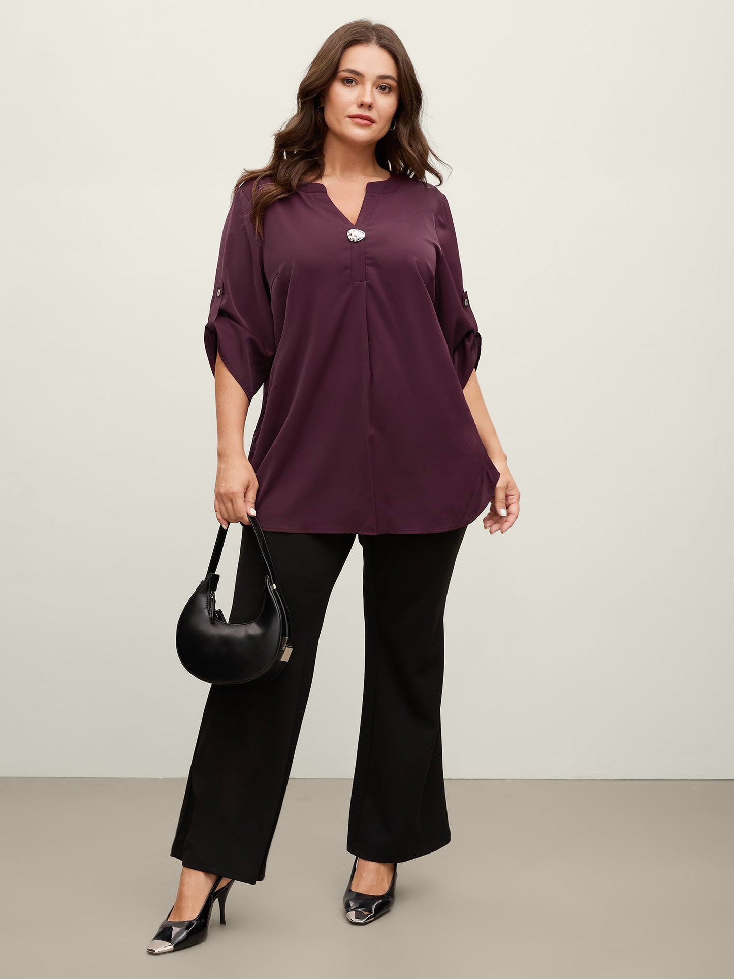 Metal Buckle Neckline Solid Blouse