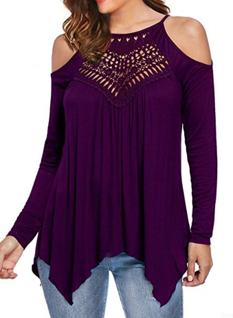 Solid Patchwork Lace Cold Shoulder Long Sleeves Tops