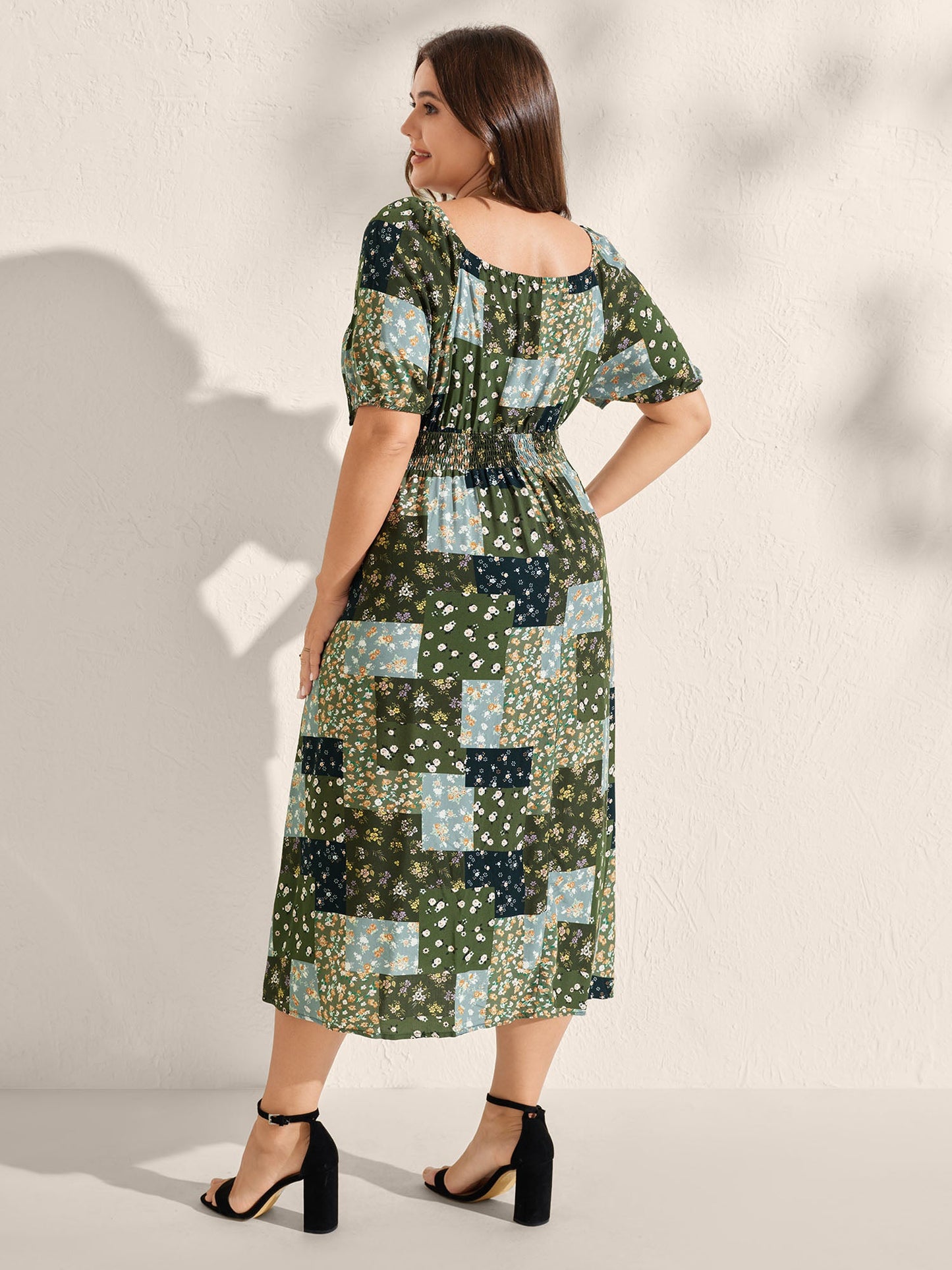 Floral Split Hem Neck Tie Midi Dress