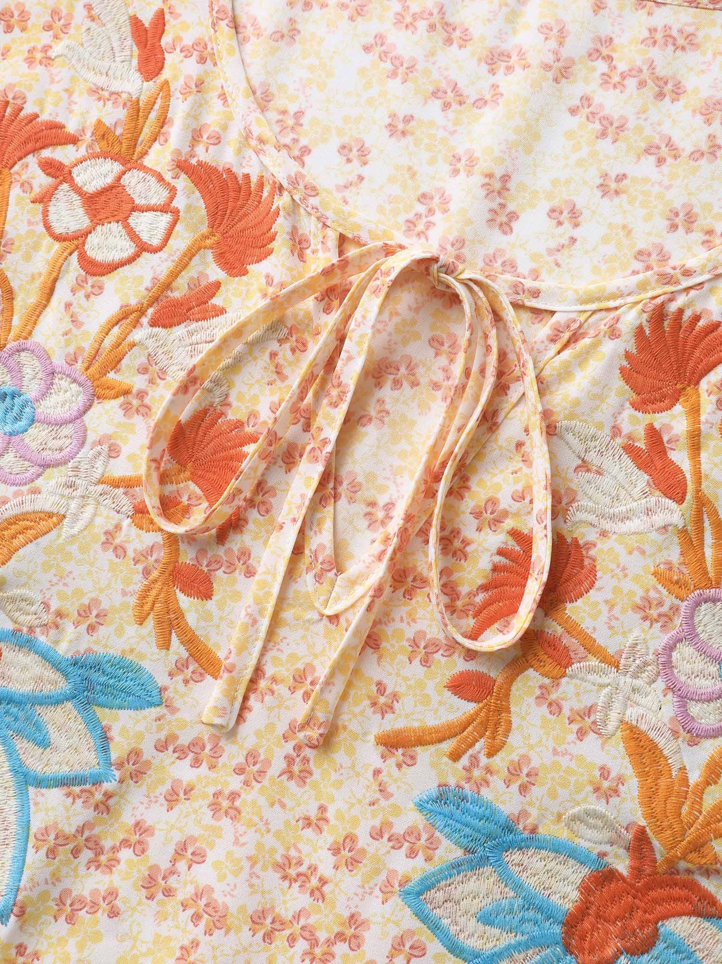 Floral Embroidery Neck Tie Blouse