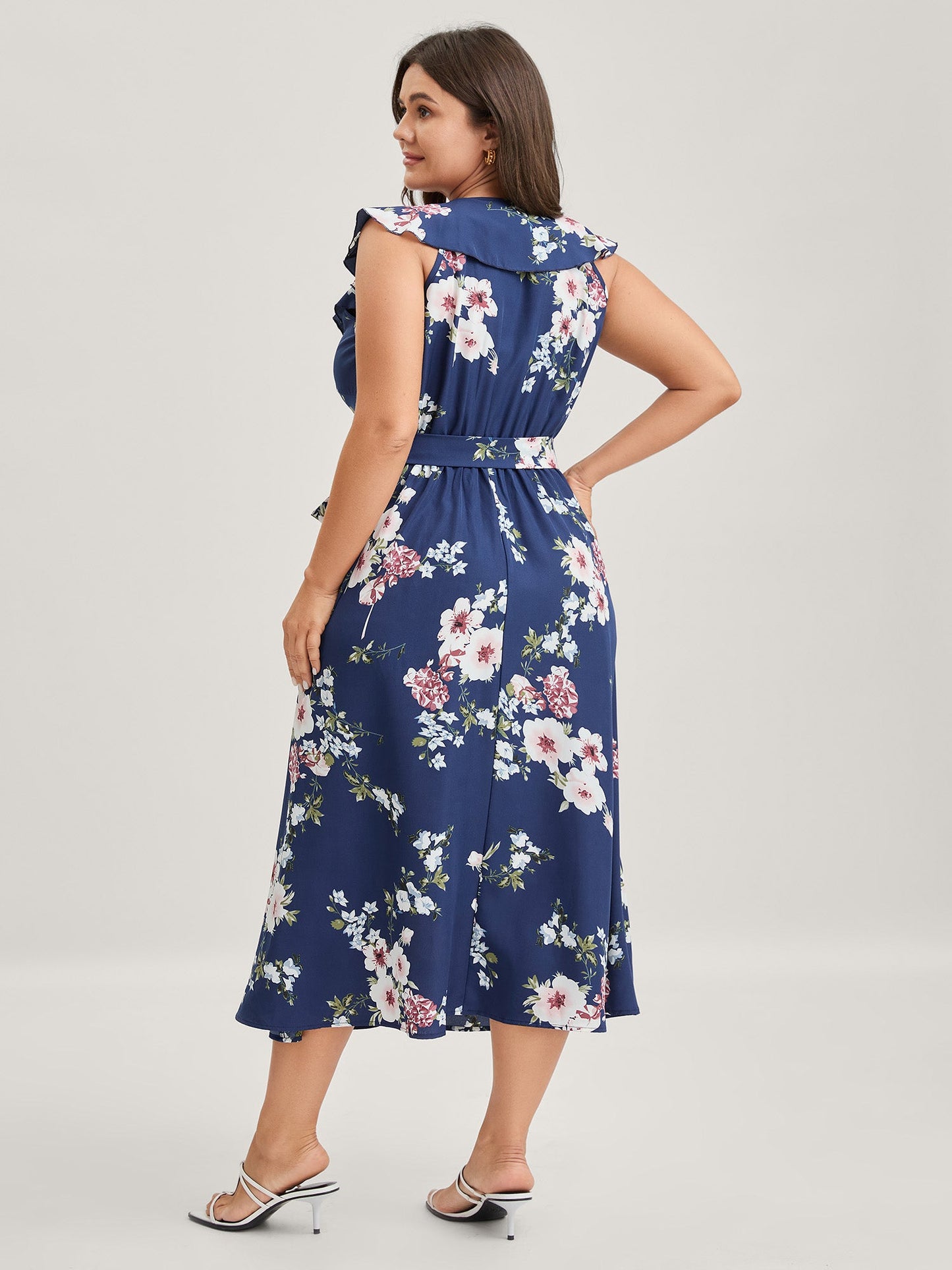 Floral Belted Waist Ruffled Pockets Midi Dress