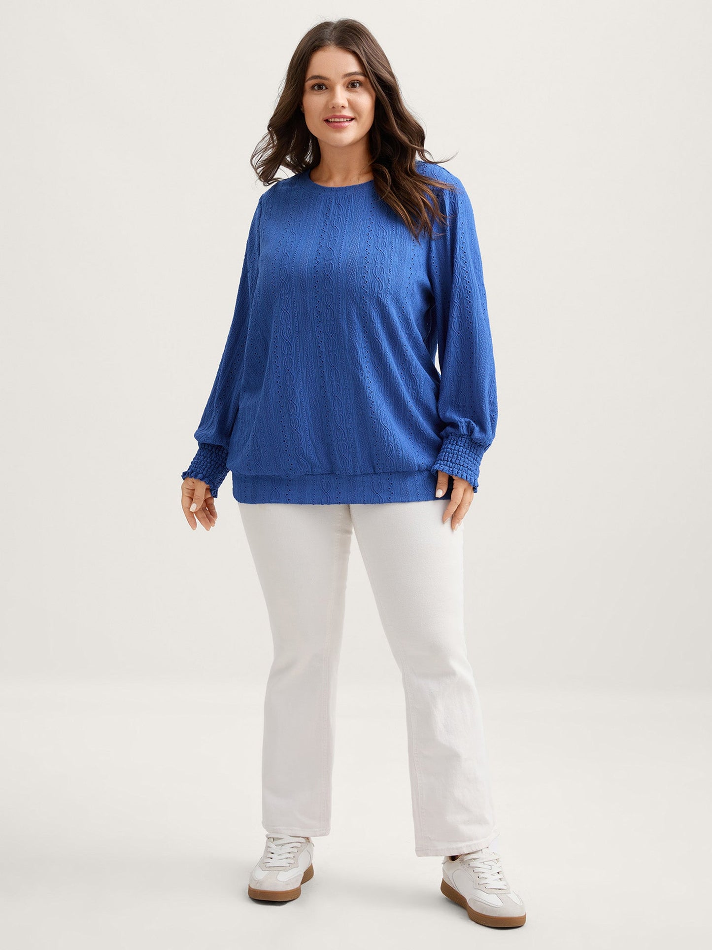 Eyelet Trim Stretchy Plain Knit Top
