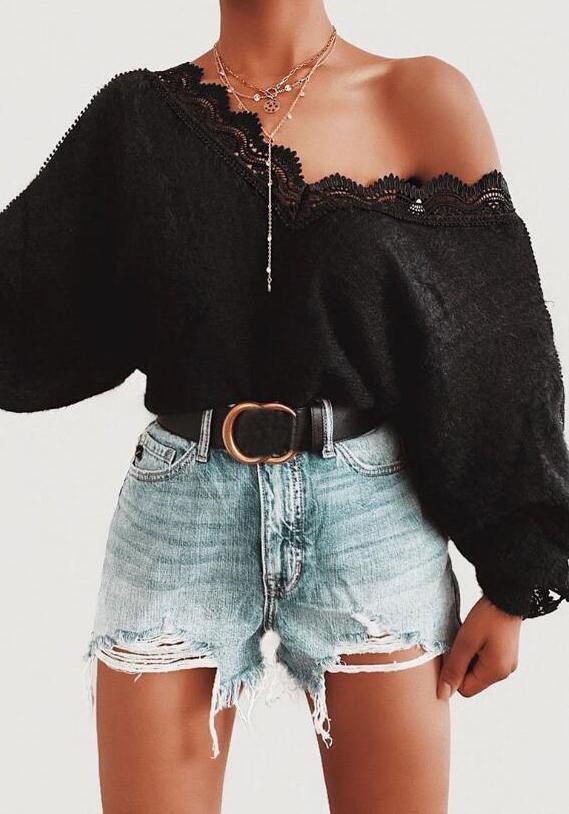 V-neck Solid Lace Panel Hollow Out Long Sleeve Tops