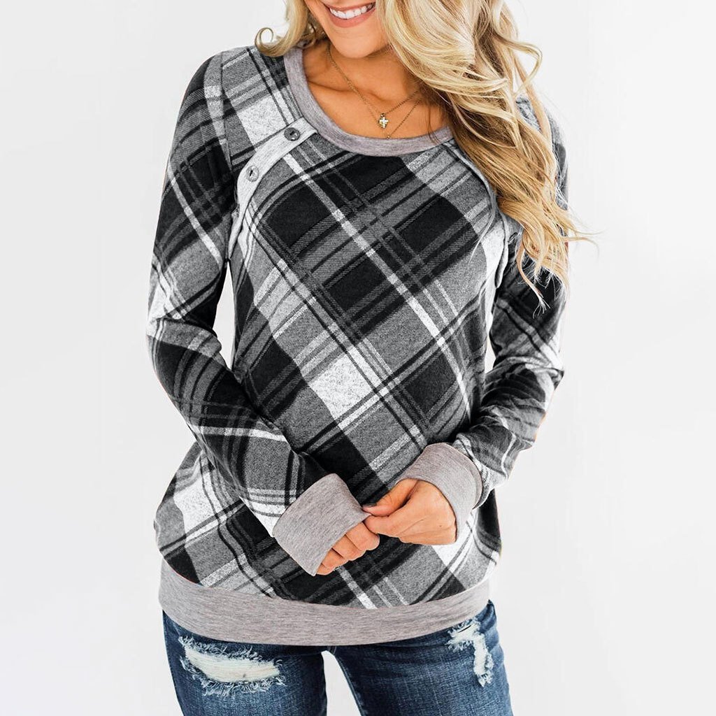 Round Collar Button Plaid Long Sleeve T-shirt