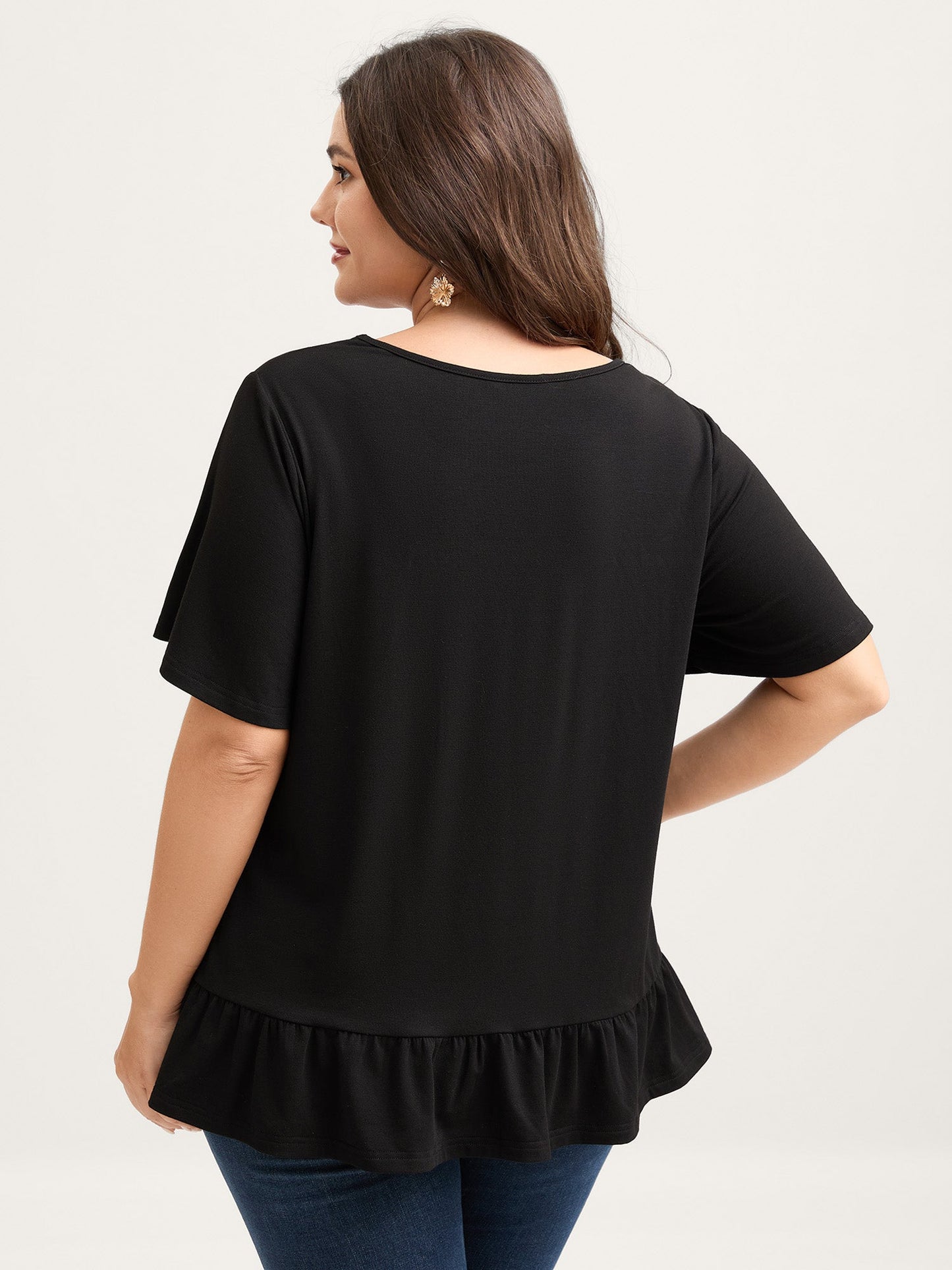 Stretchy Floral Embroidery Ruffled Hem Top