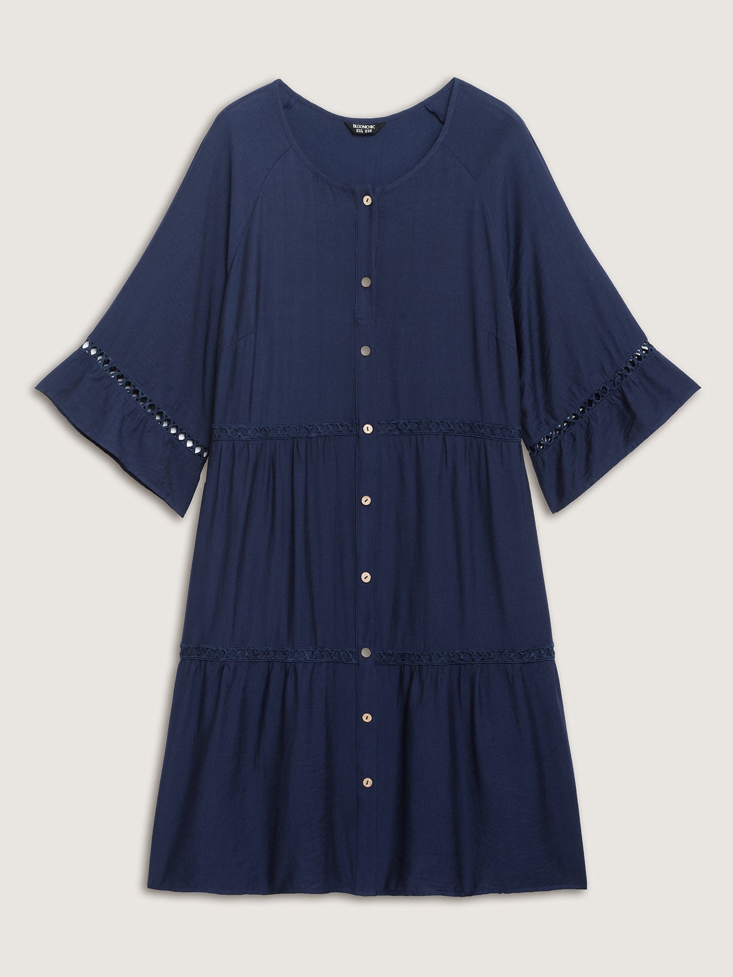 Button Front Lace Trim Pockets Midi Dress