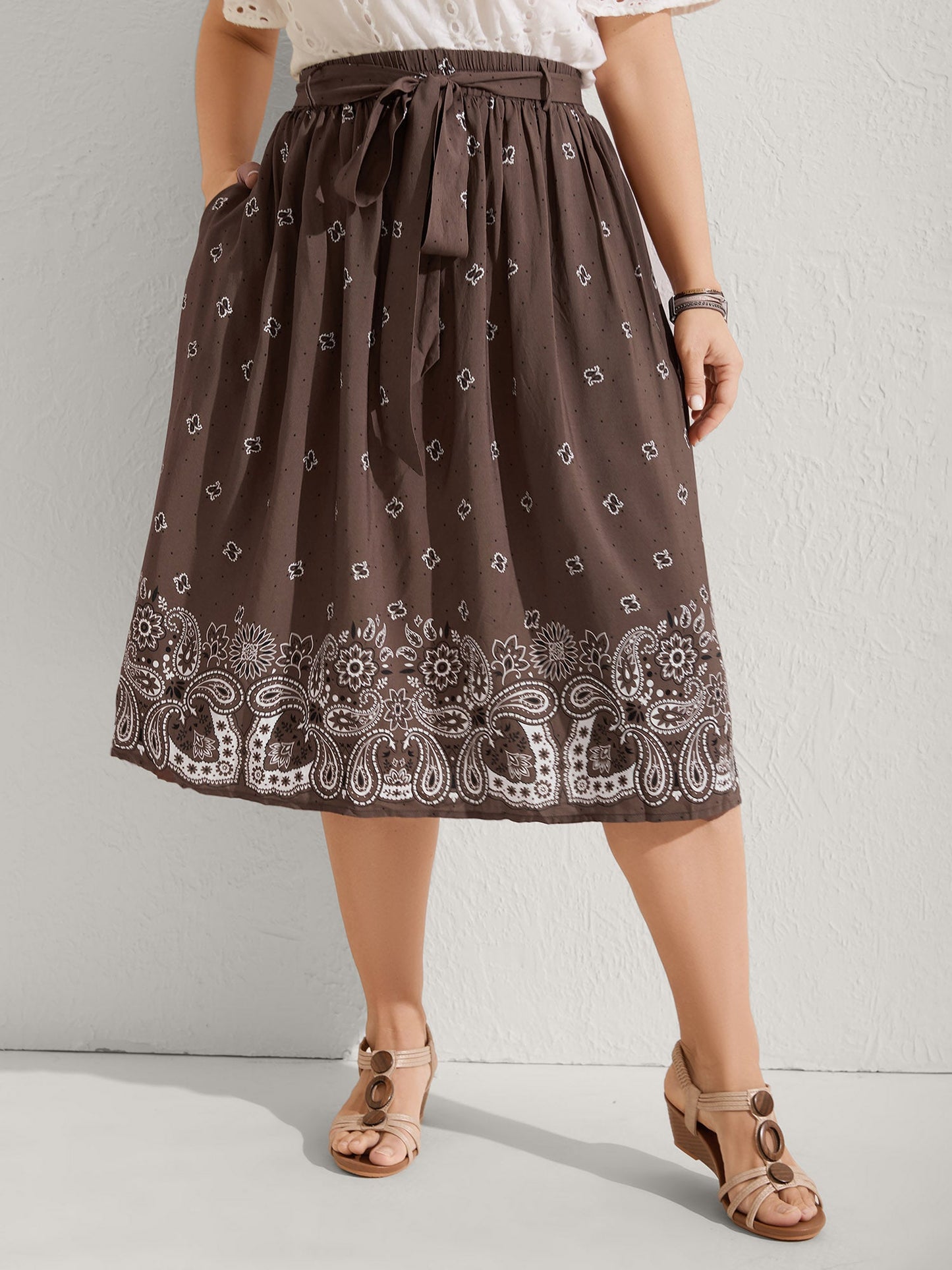 Paisley Print Belted Midi Skirt