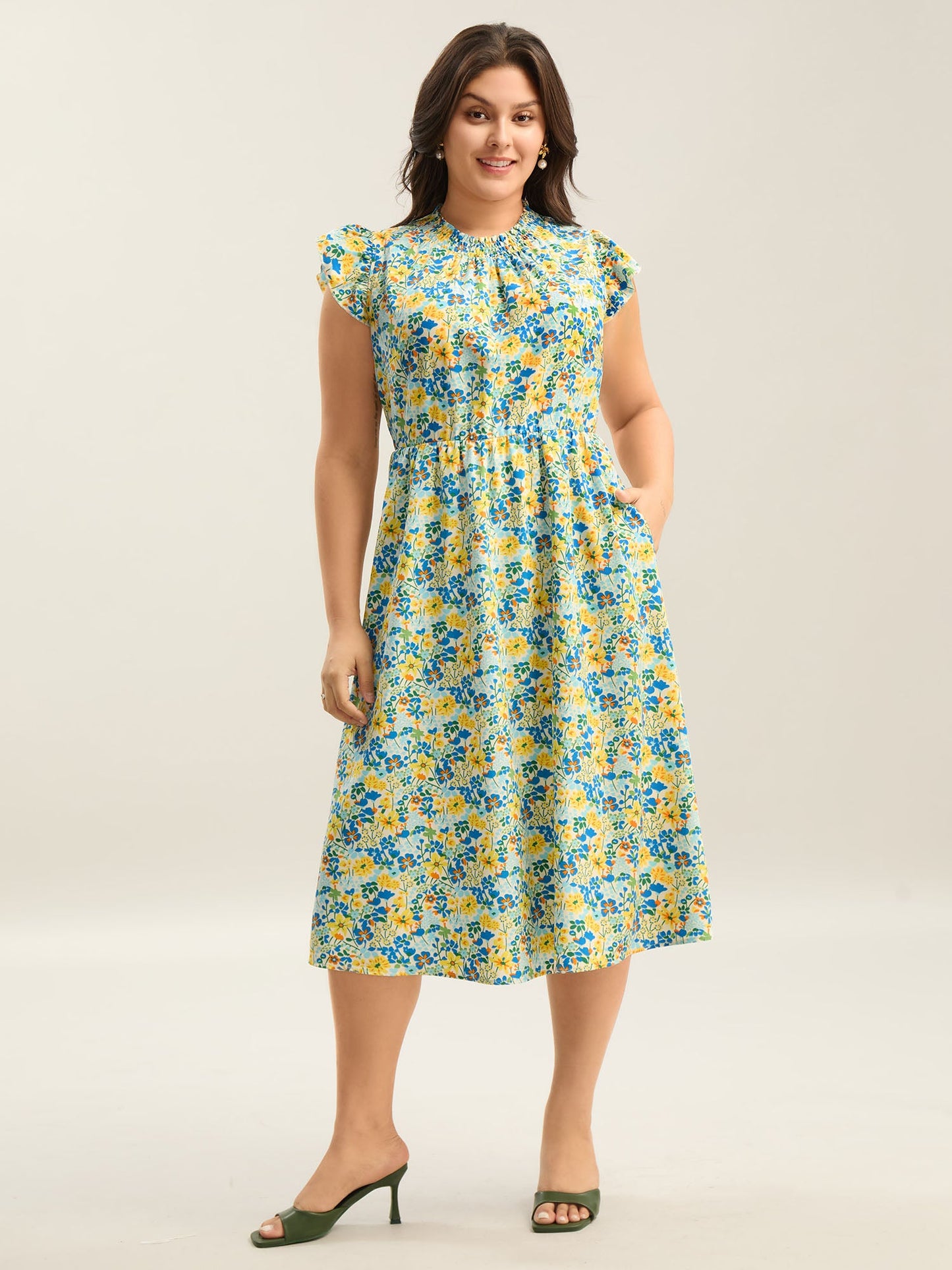 Floral Print Shirred Pockets Midi Dress