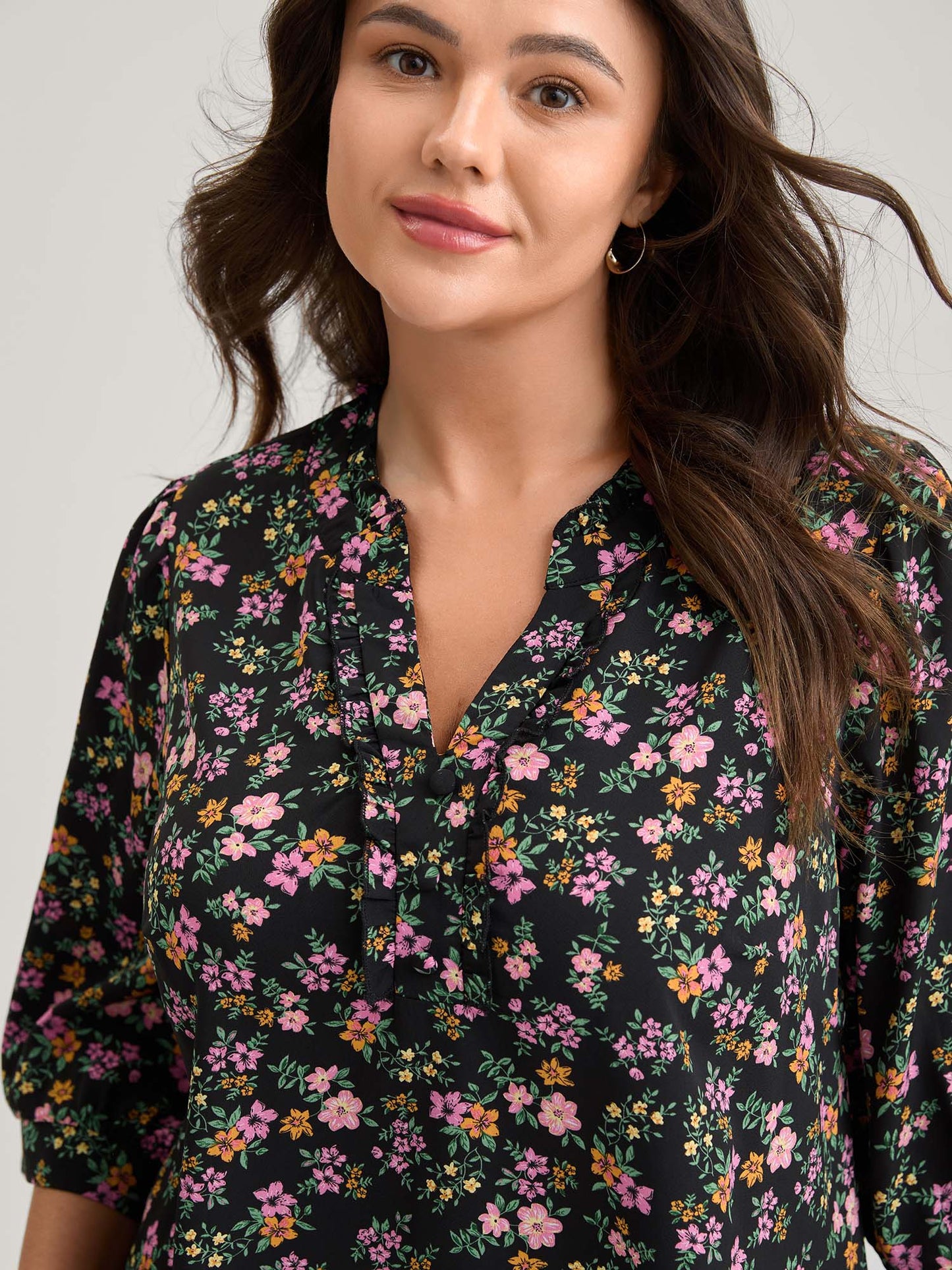 Floral Print Ruffled Neckline Flowy Blouse