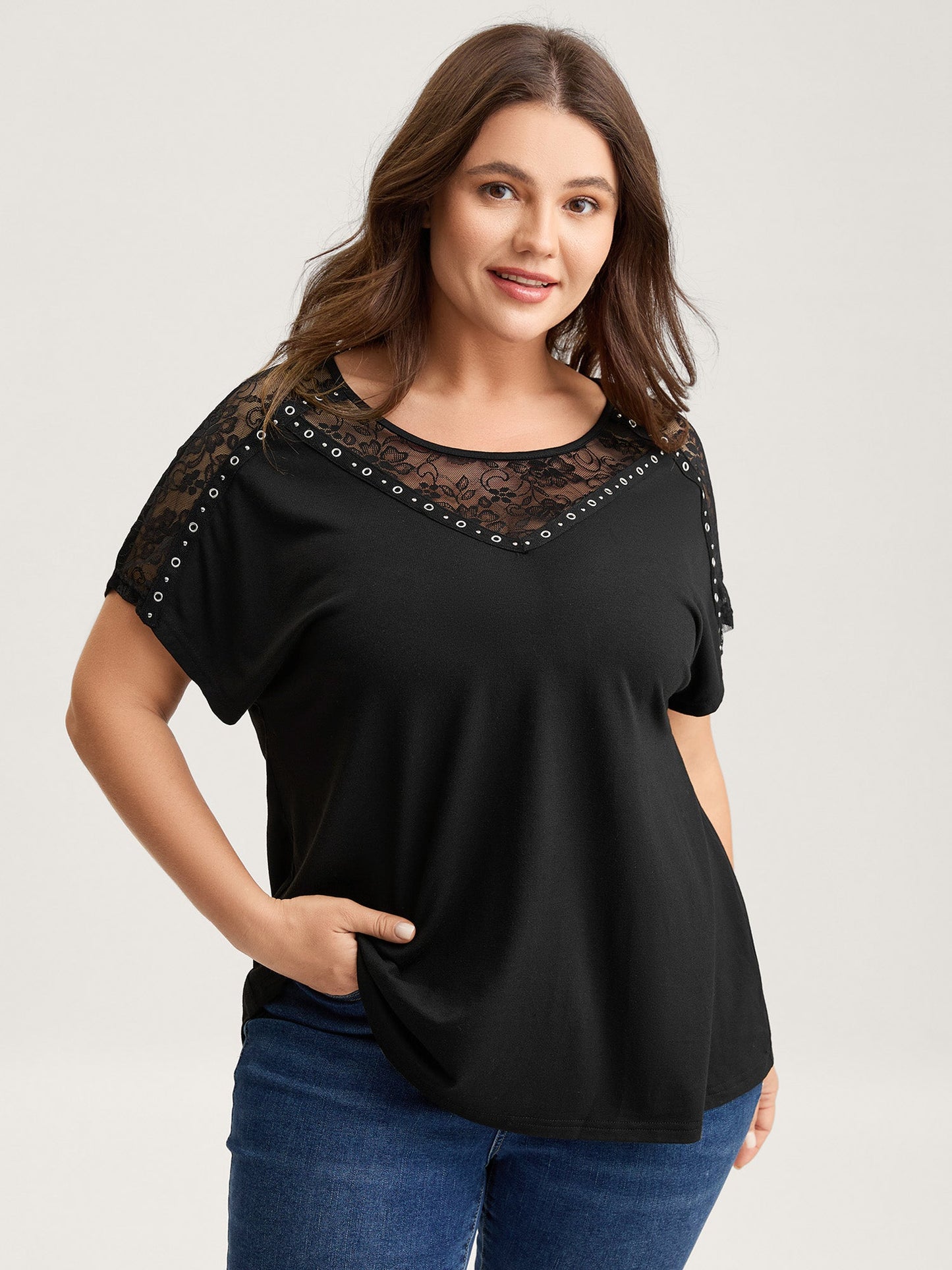 Lace Trim Sheer Solid T-Shirt