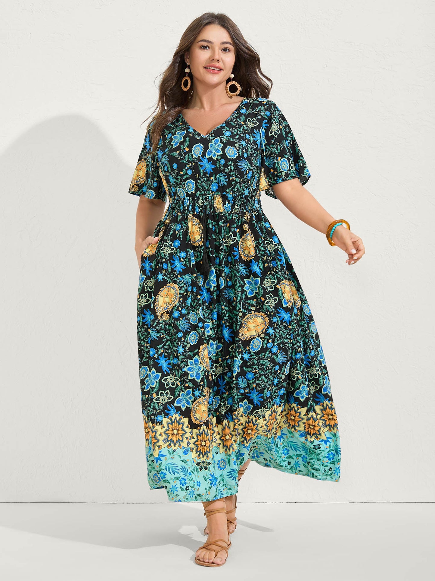Rayon Paisley Print Shirred Midi Dress