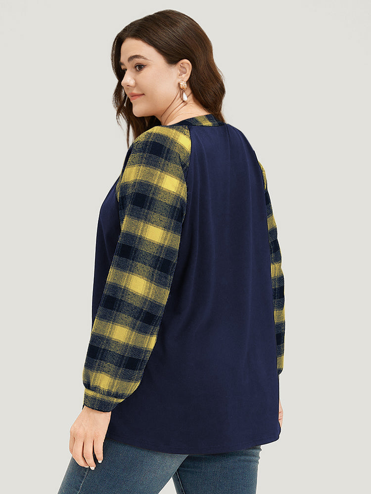 Plaid Patchwork Notched Button Detail Sweatshirt