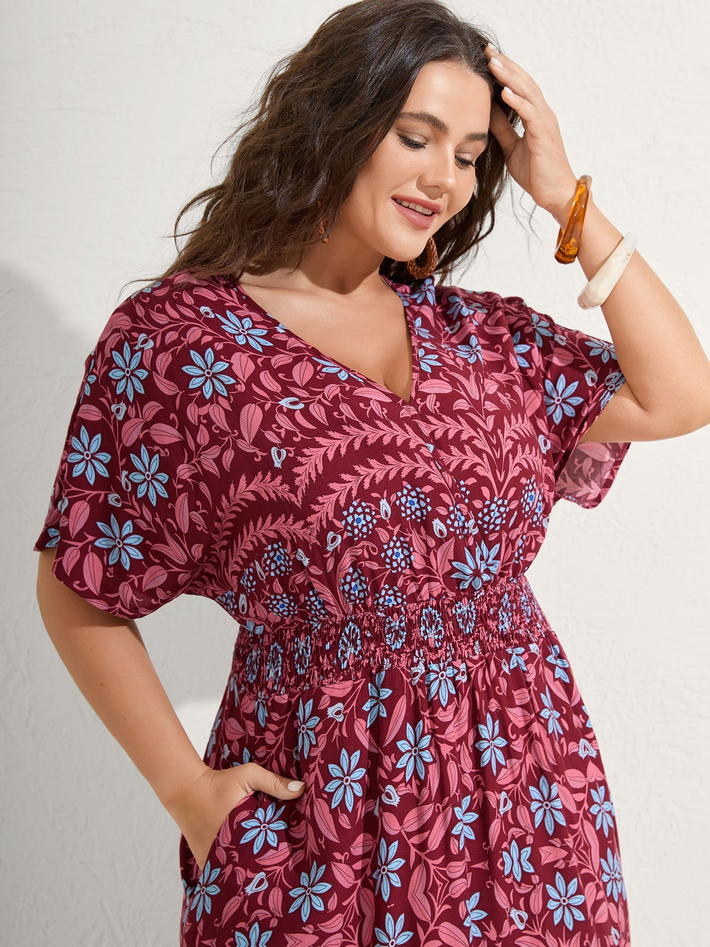 Rayon Boho Floral Shirred Waist Midi Dress