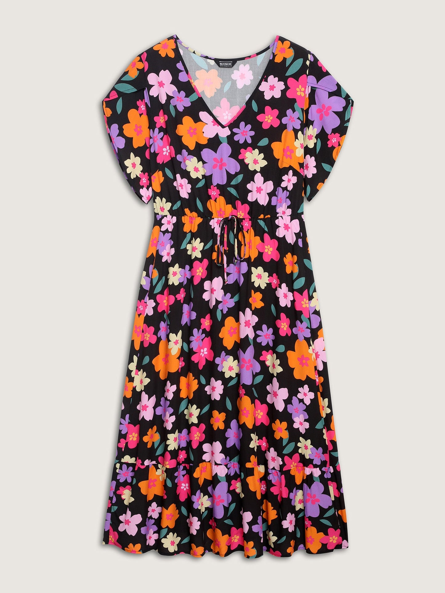 Colorful Floral Print Waist-Tie Midi Dress