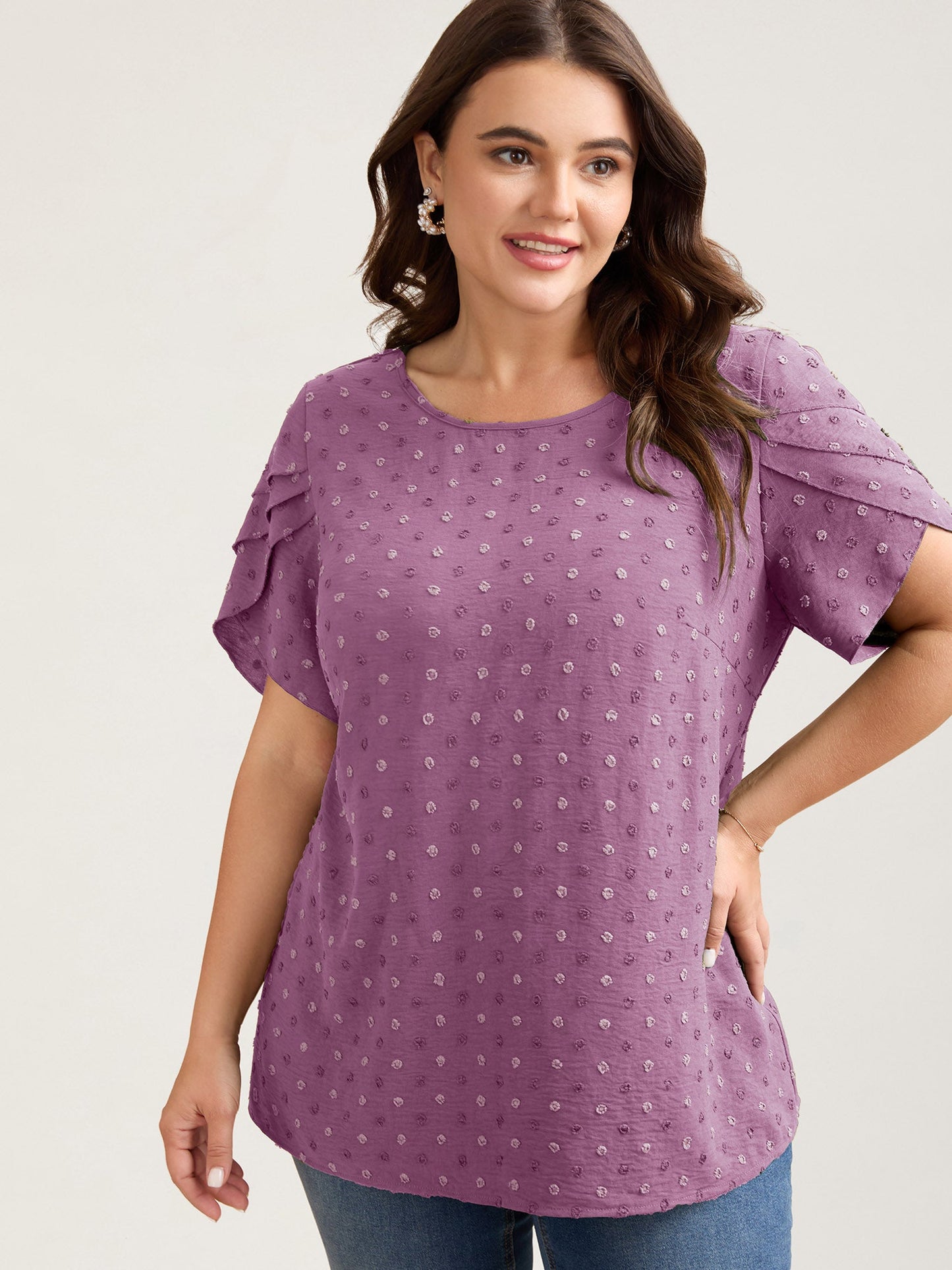Textured Color Contrast Petal Sleeve Blouse