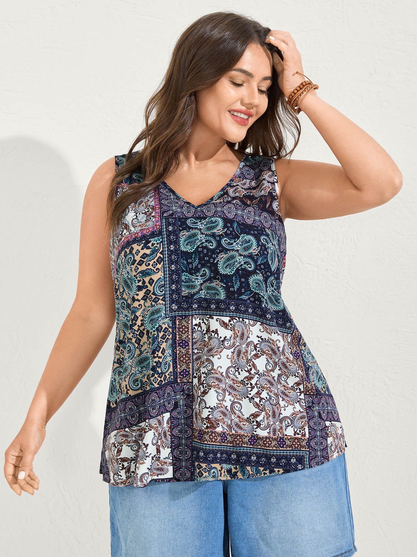 Rayon Floral Contrast Collage Tank Top