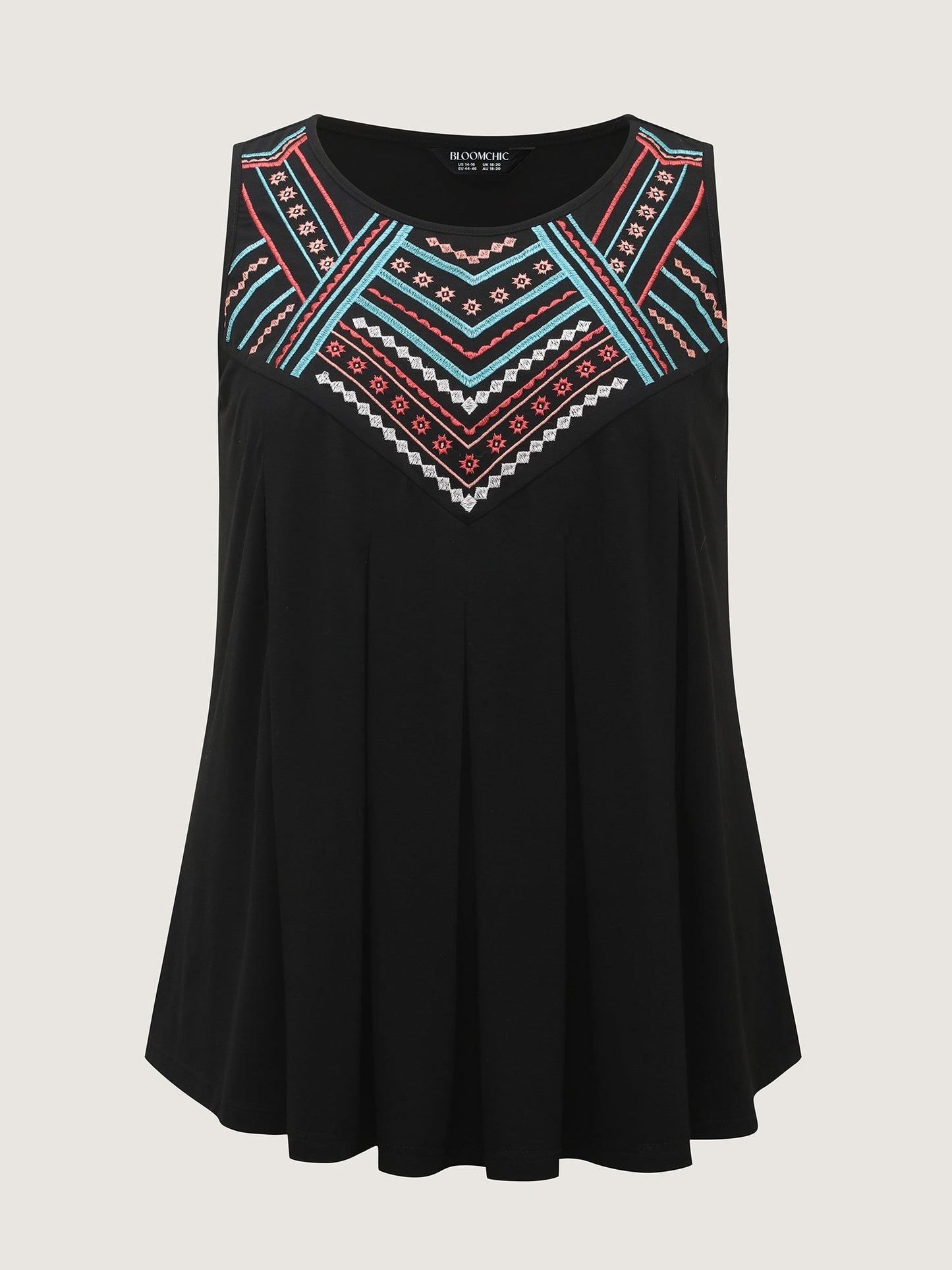 Embroidered Neckline Pleated Front Panel Tank Top