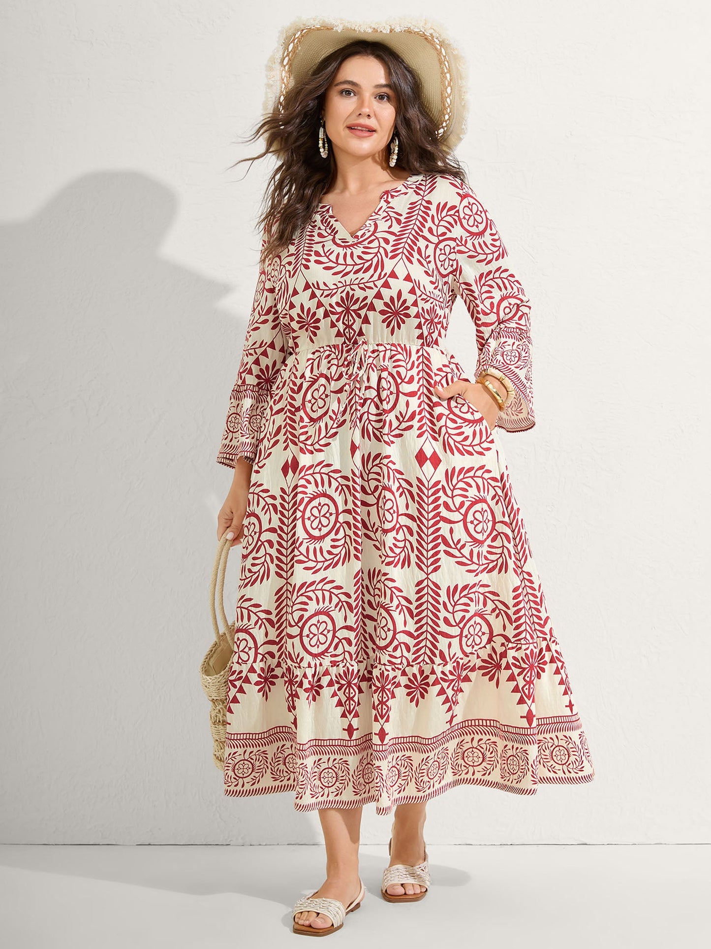 Ornate Print Color Contrast Midi Dress