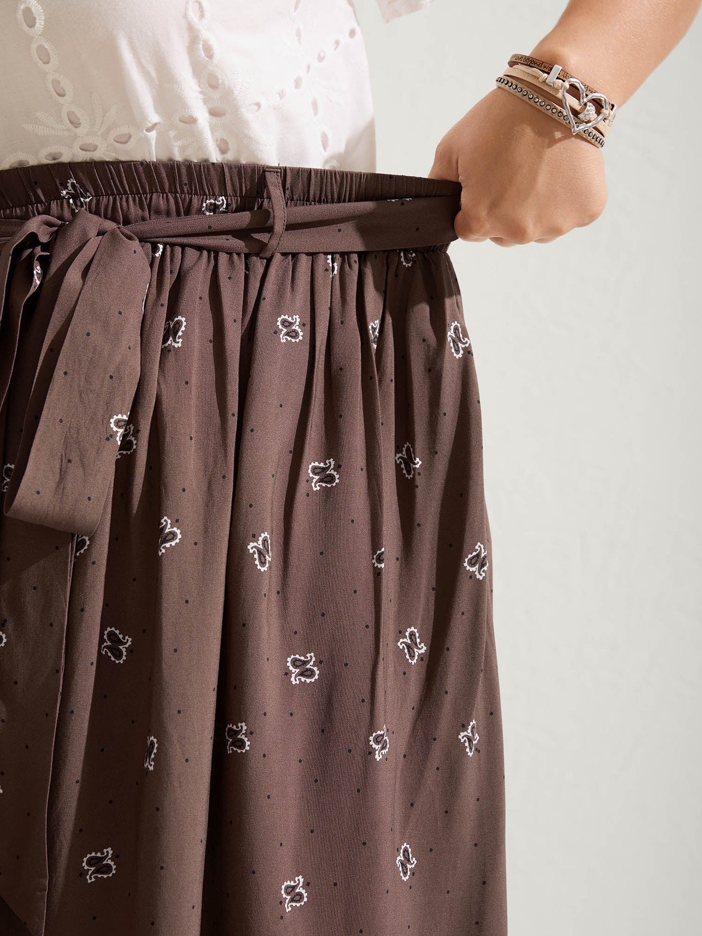 Paisley Print Belted Midi Skirt