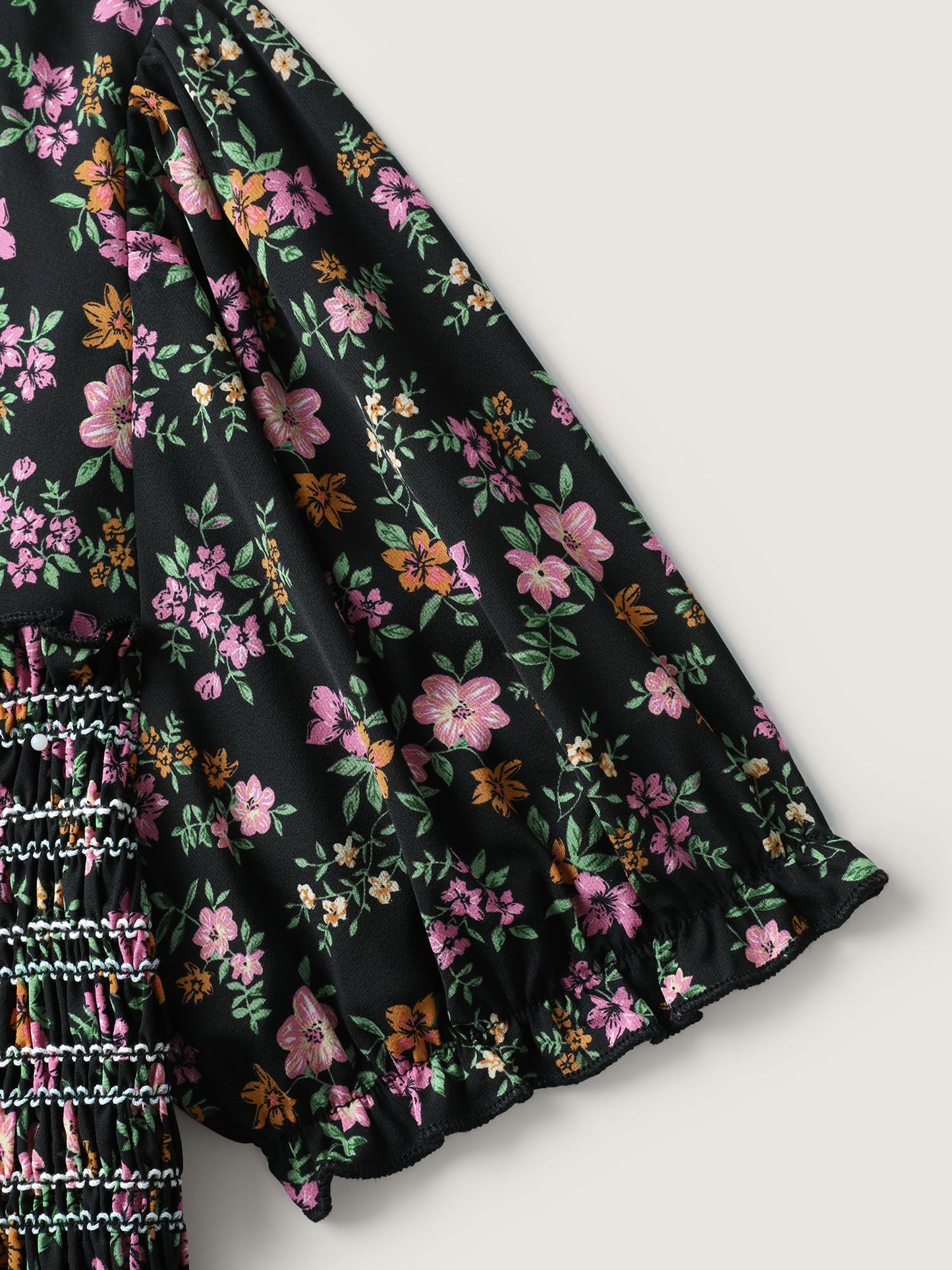 Floral Shirred Bodice Contrast Midi Dress