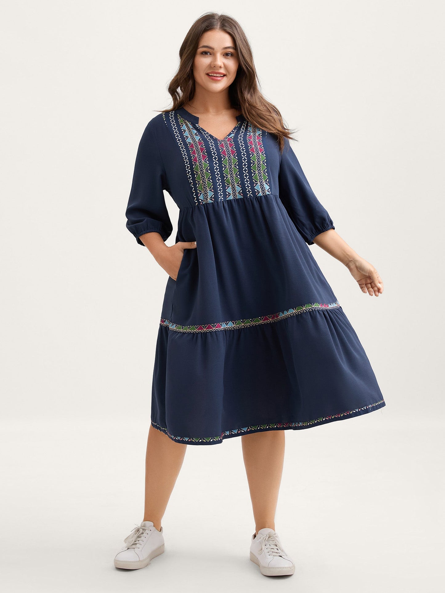 Geometric Colorful Trim Flowy Midi Dress