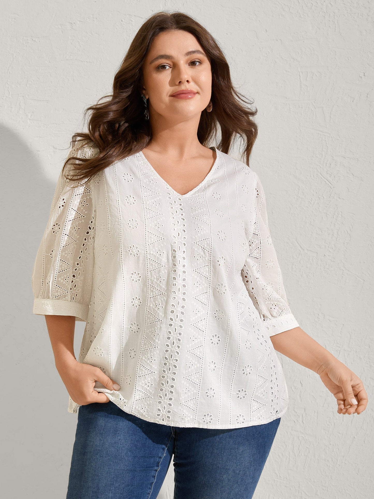 Cotton Eyelet Embroidery V-Neck Blouse