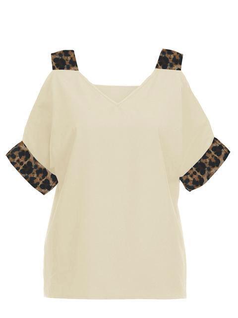 Leopard Print V-neck Cold Shoulder Tops
