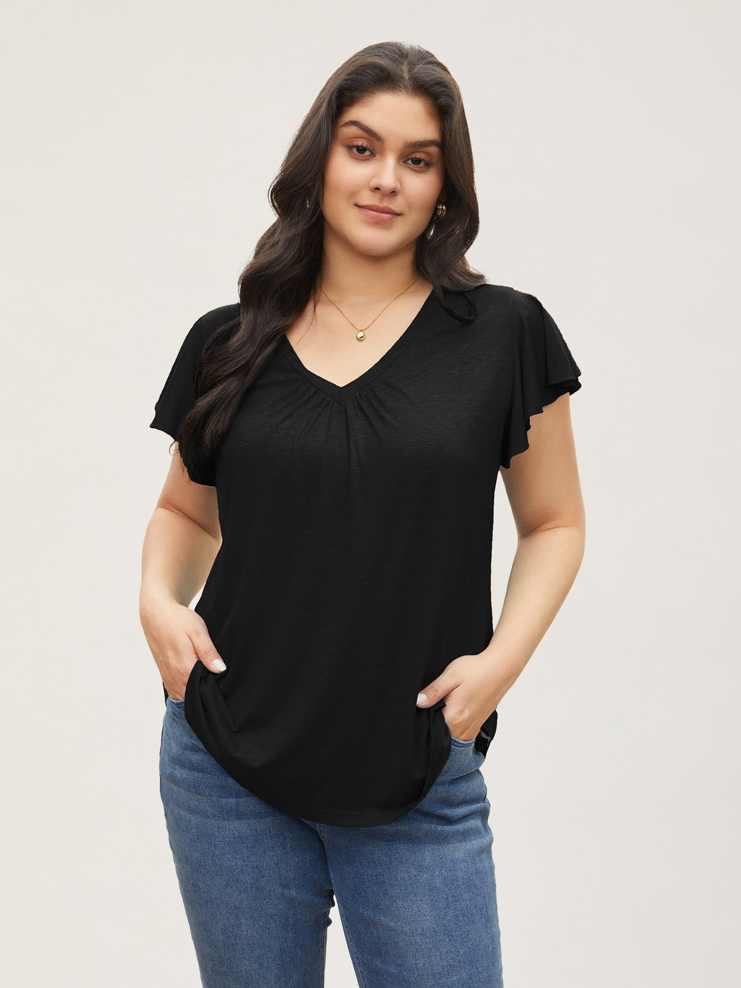 Solid Heather Gathered Ruffle Sleeve T-shirt