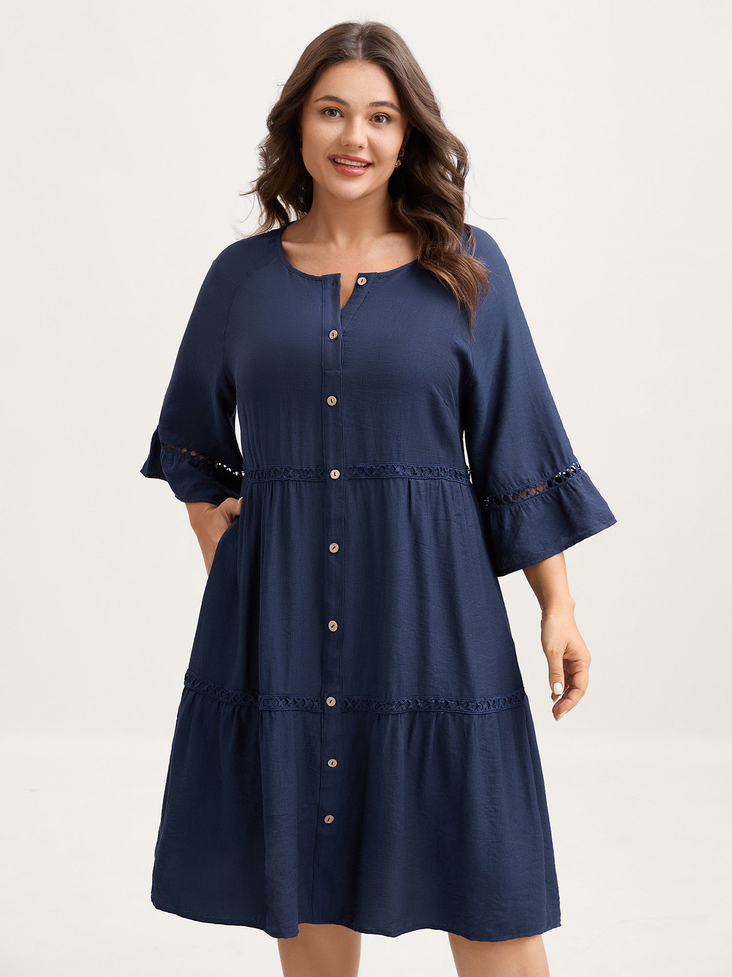 Button Front Lace Trim Pockets Midi Dress
