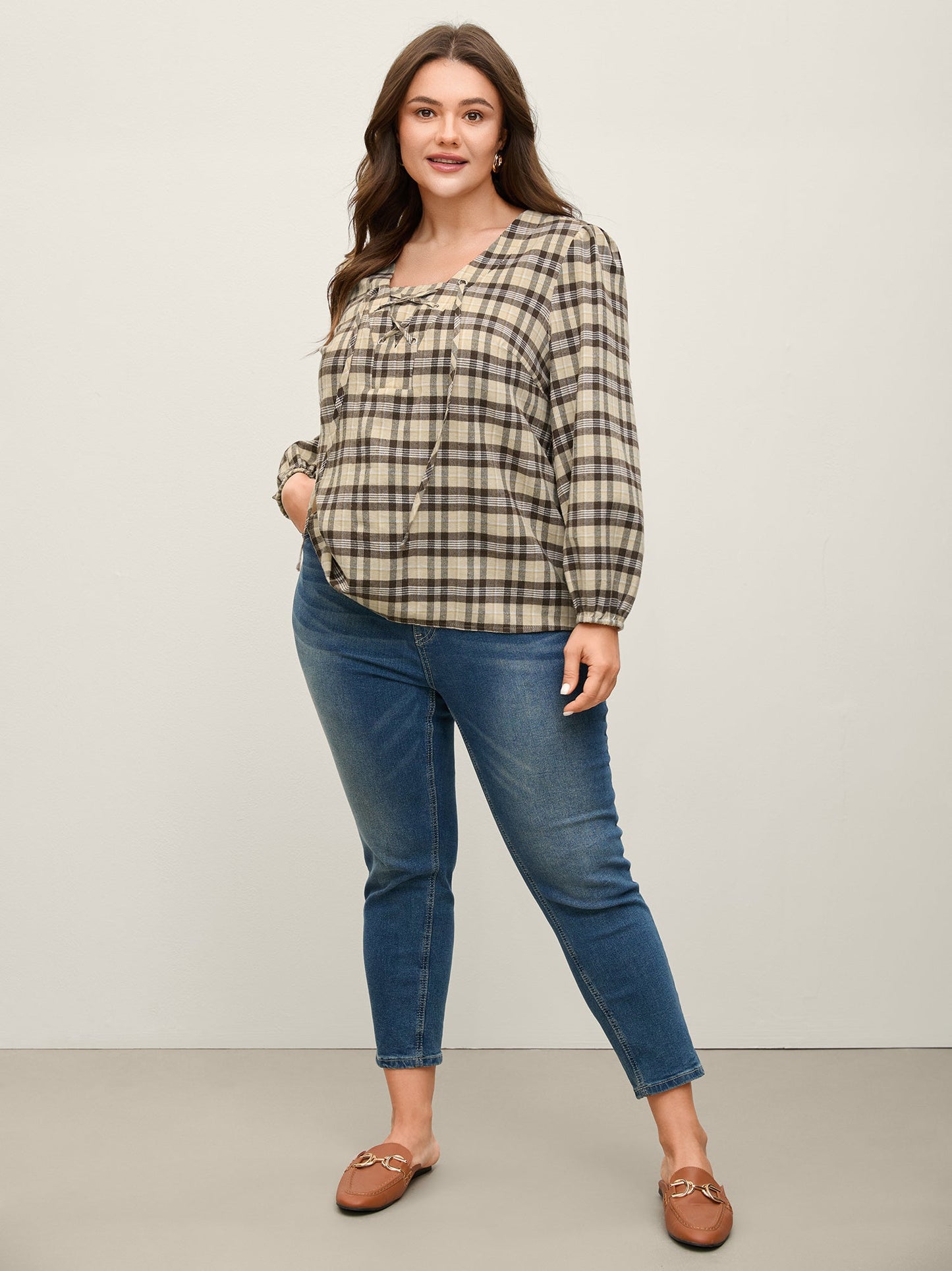 Plaid Print Neck Tie-Up Blouse