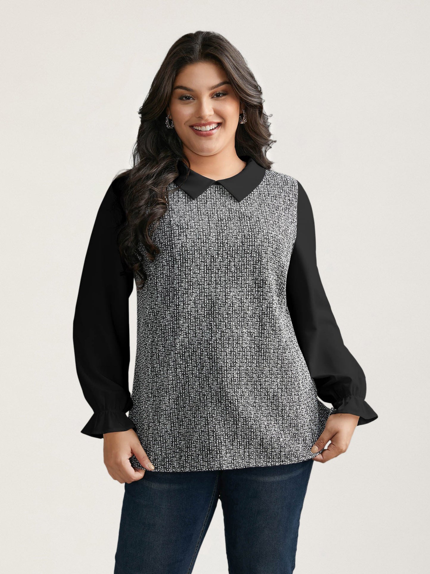 Tweed Patchwork Lantern Sleeve Blouse