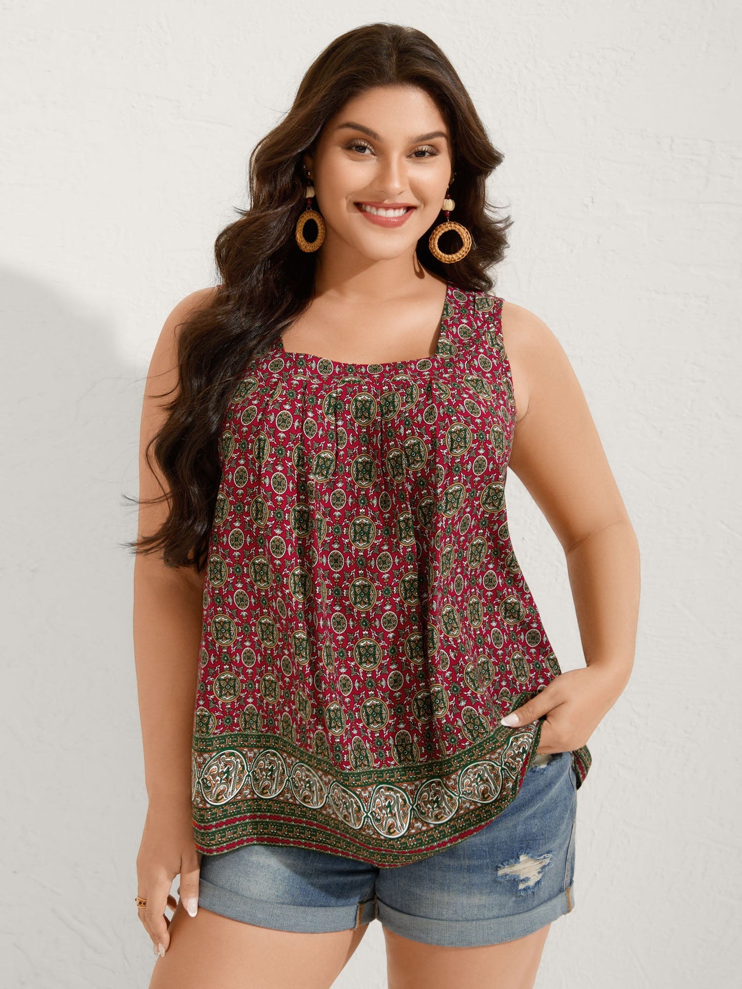 Floral Print Pleated Neckline Tank Top