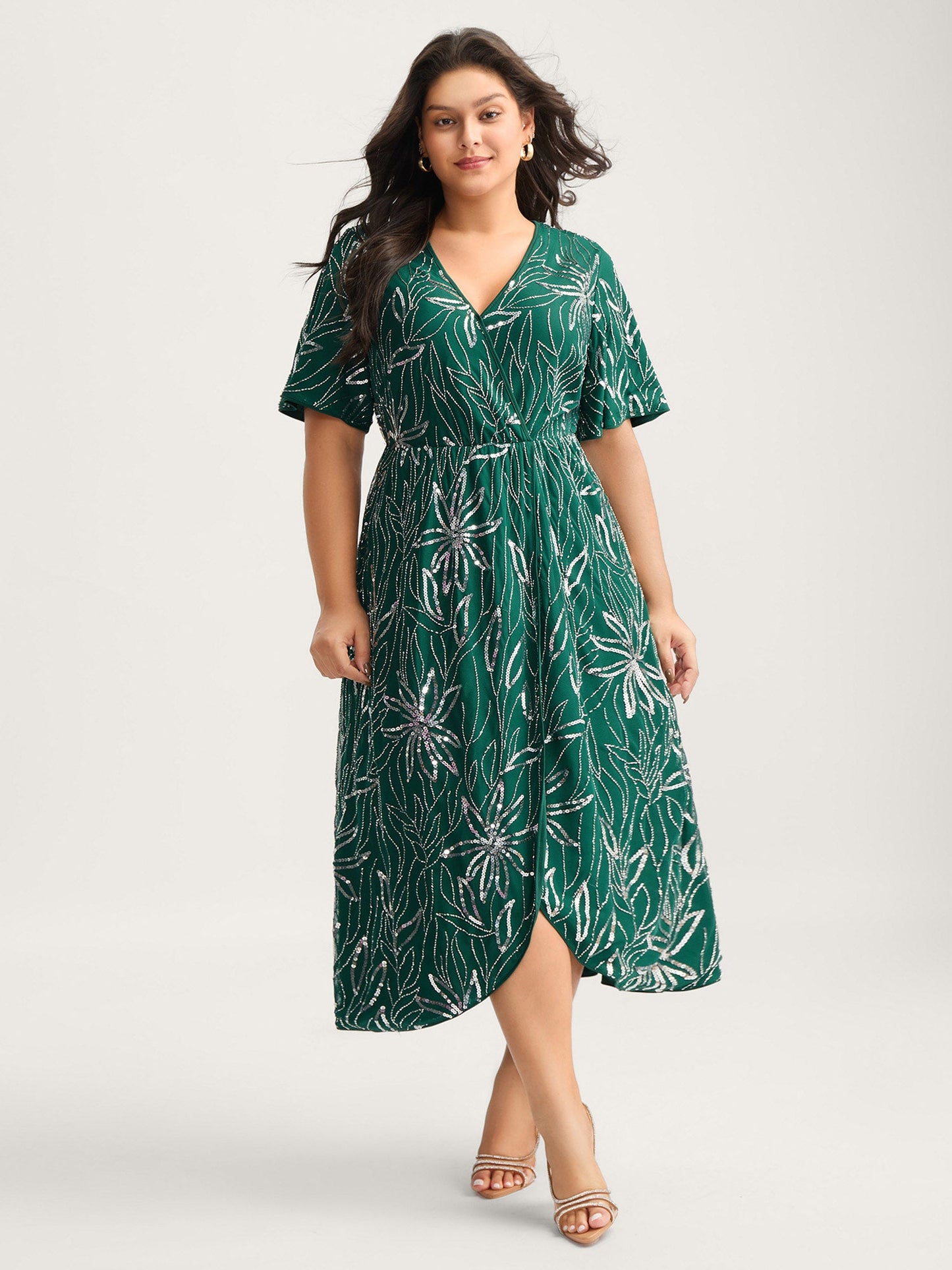 Floral Sequins Surplice Neck Pockets Midi Dress